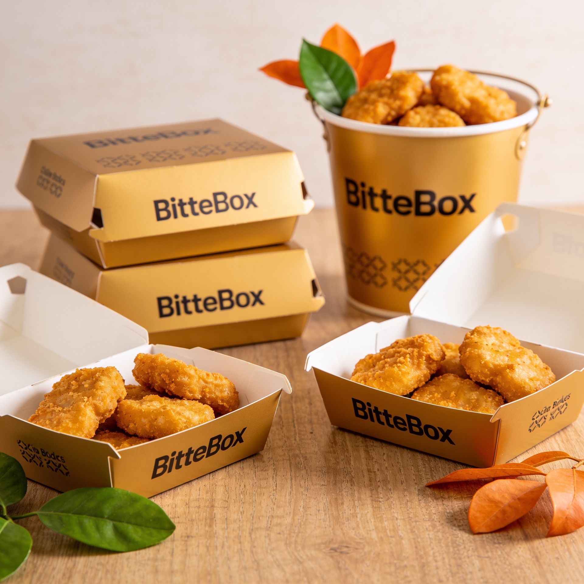 BitteBox branded gold food boxes and trays with chicken nuggets