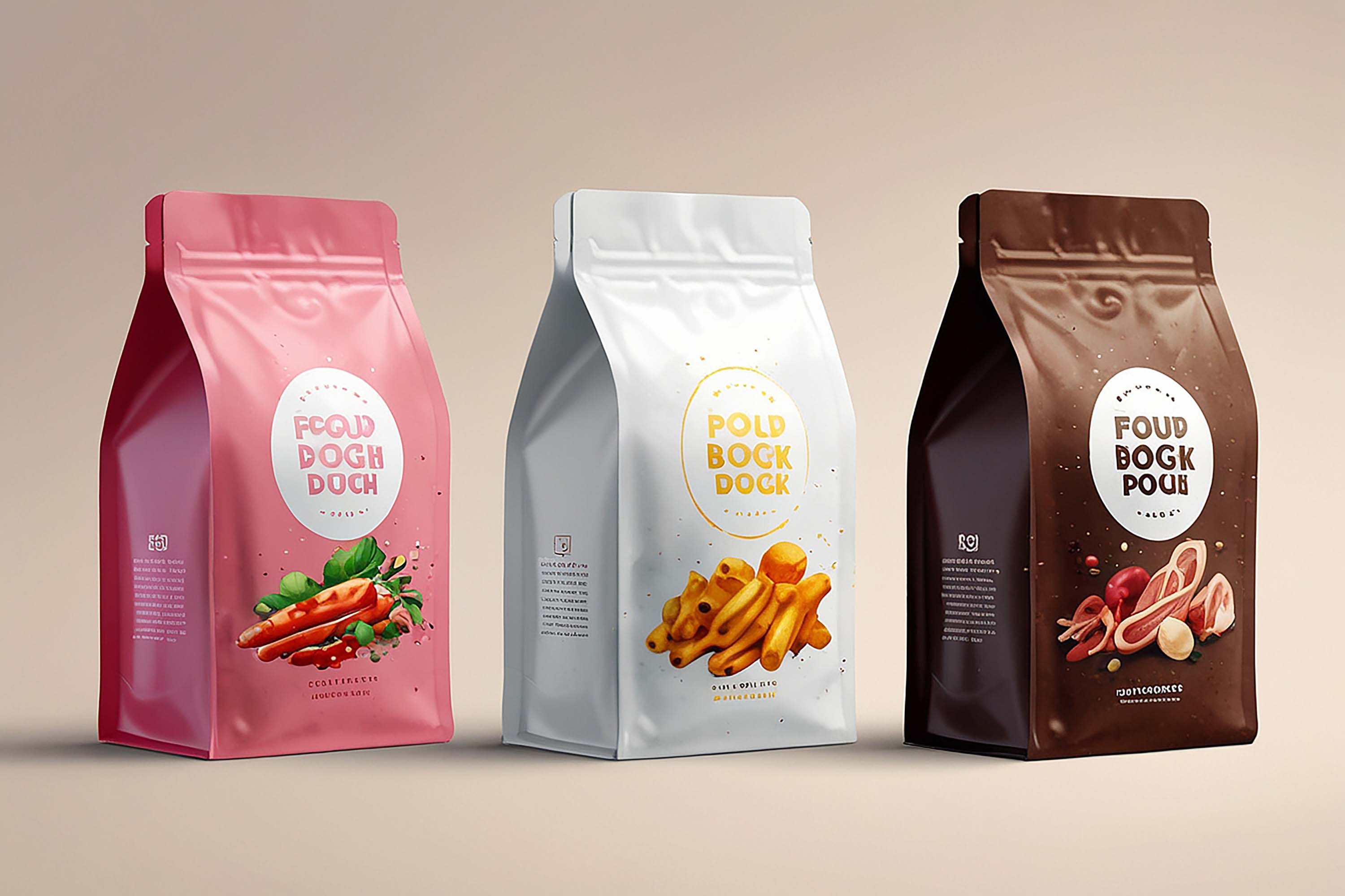 Food doypack stand-up pouch packaging mockups in pink, white and brown