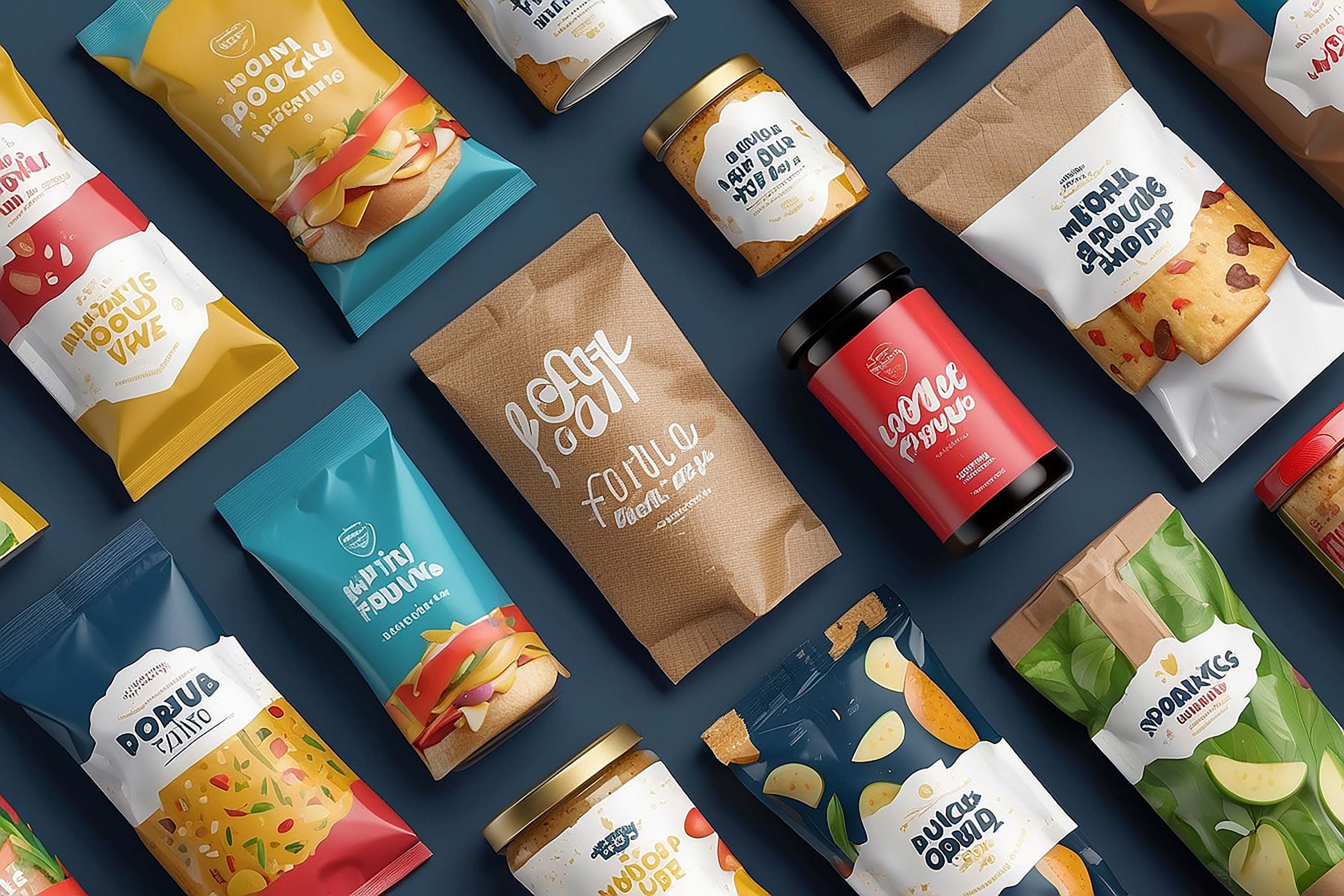 Food packaging mockup bundle with bags, pouches and jars