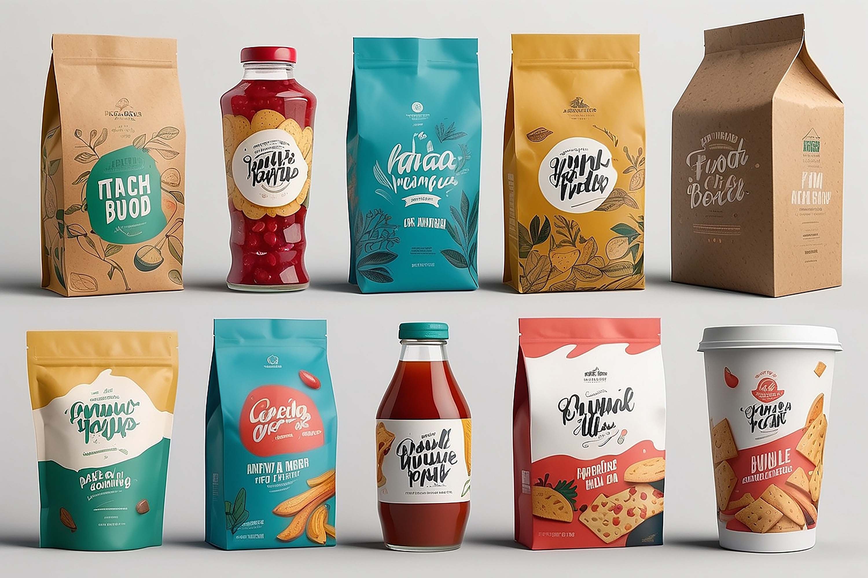 Assorted food packaging mockups with kraft and coloured bags