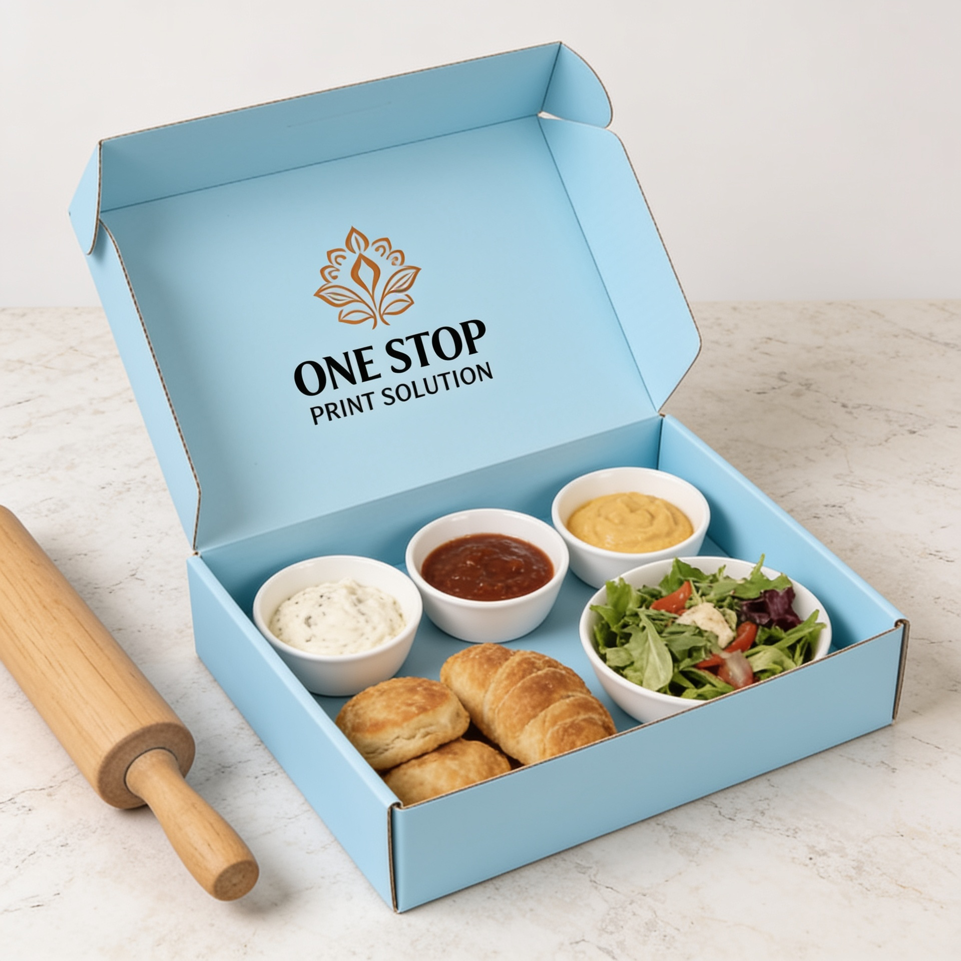 Light blue branded bakery box with One Stop Print Solution logo