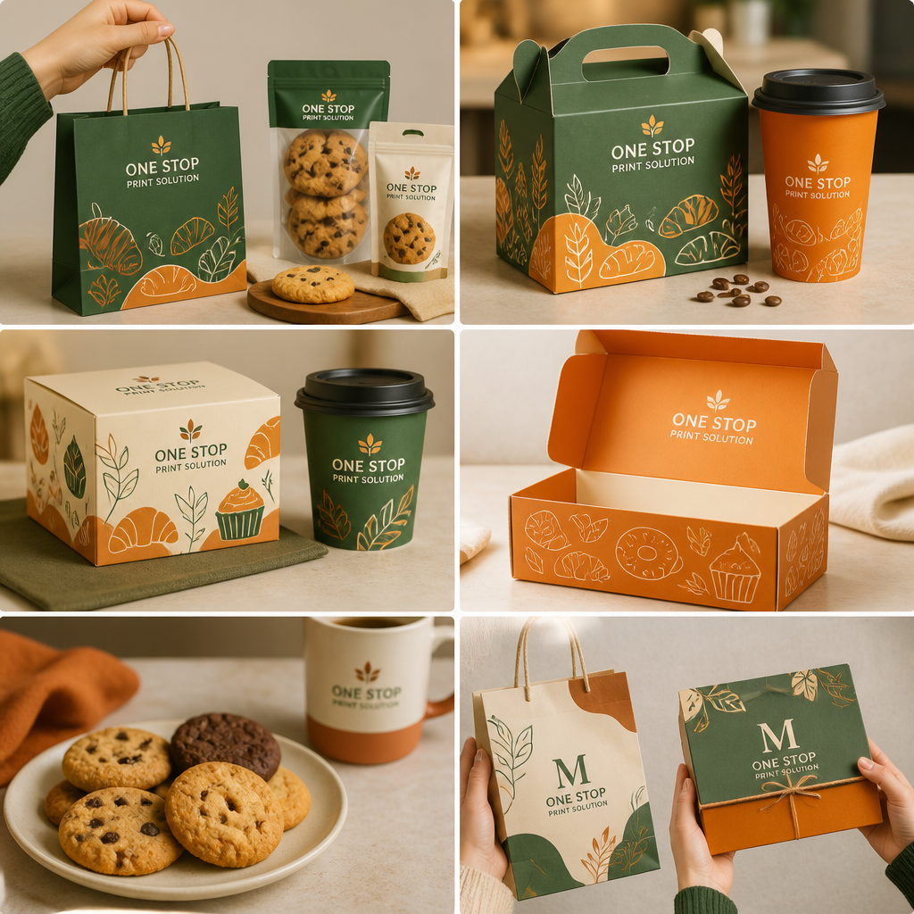 One Stop Print Solution brand collage showcasing packaging, cups and boxes in green and orange