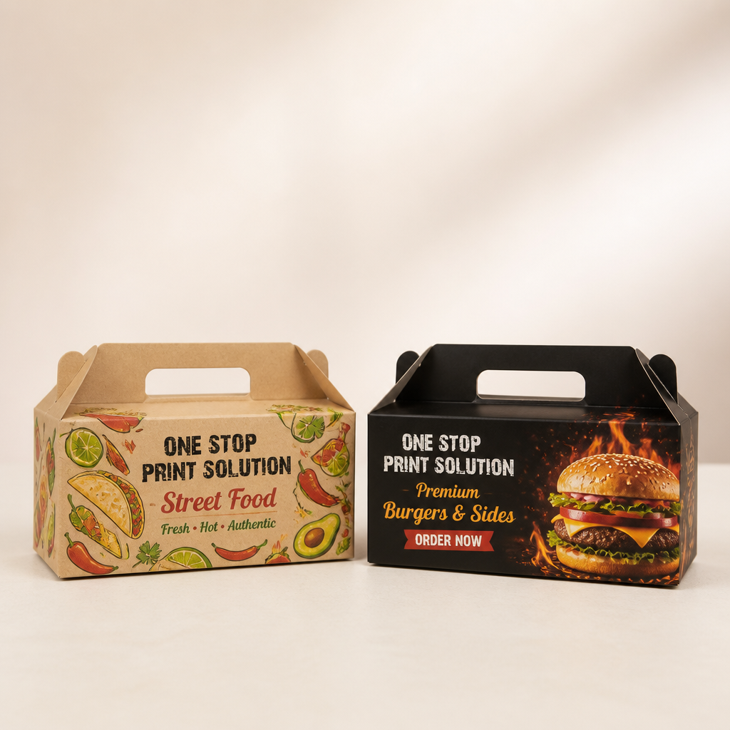 Two custom printed takeaway food boxes — street food and burger designs