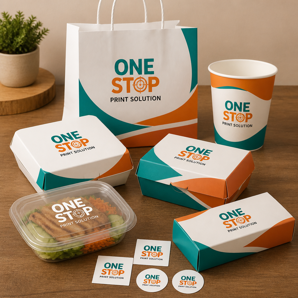 One Stop Print Solution branded takeout food packaging set with bag, boxes and stickers