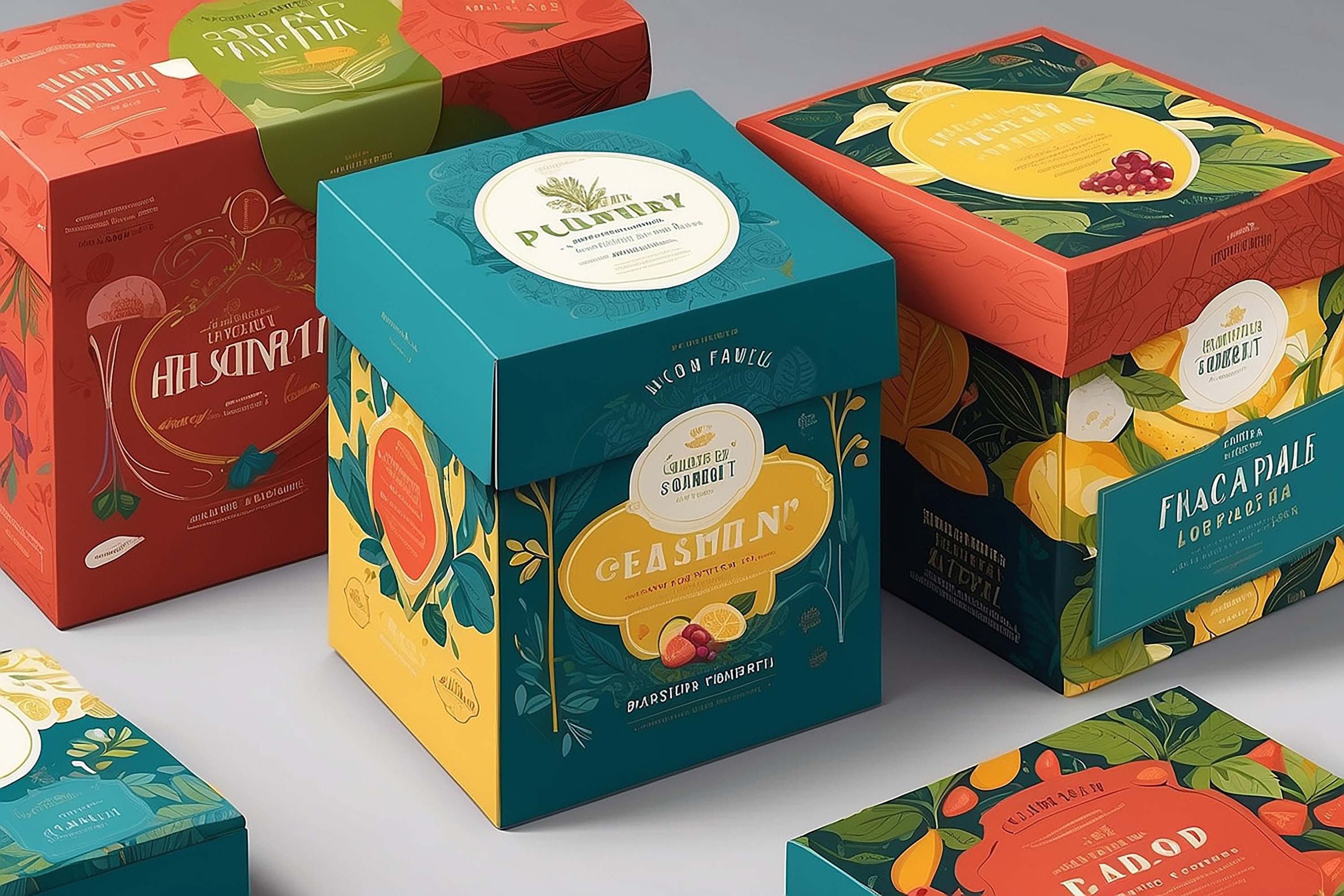 Colourful vector-style paper box packaging designs